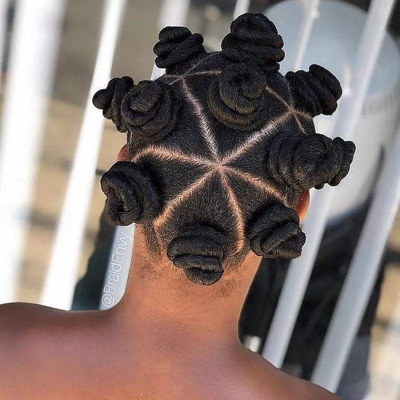 Back of Bantu knots hairstyle in geometric triangular sections