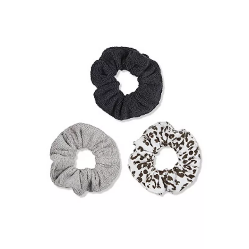 Three Conair microfiber scrunchies in black, gray, and leopard print