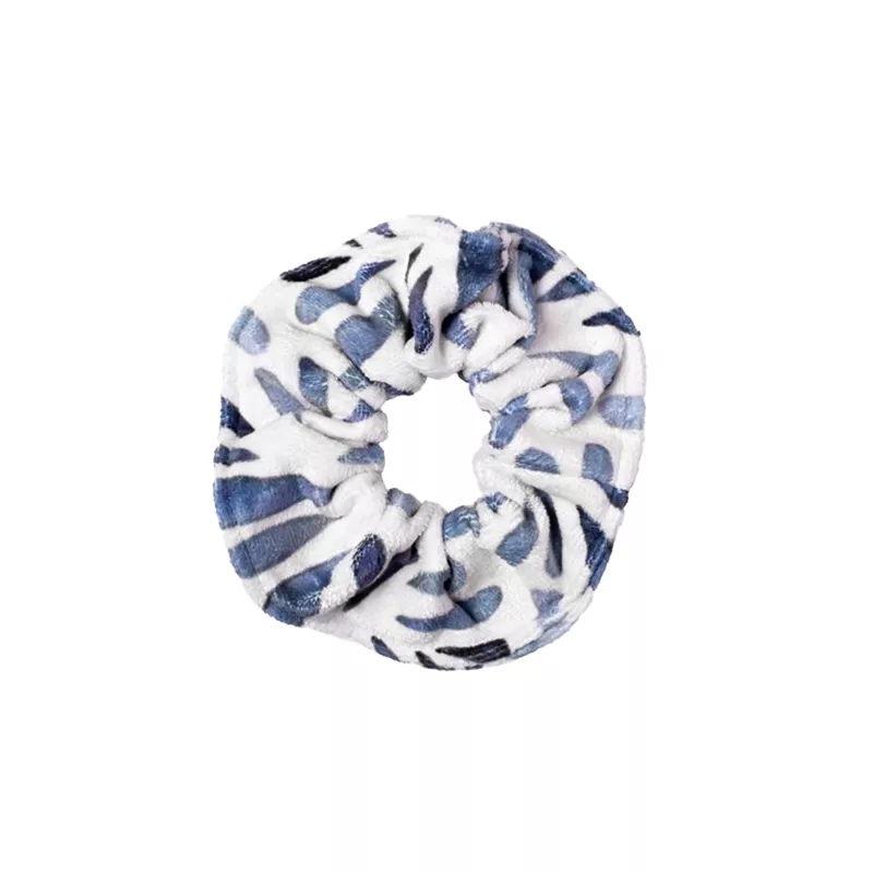 Blue and white patterned microfiber towel scrunchie