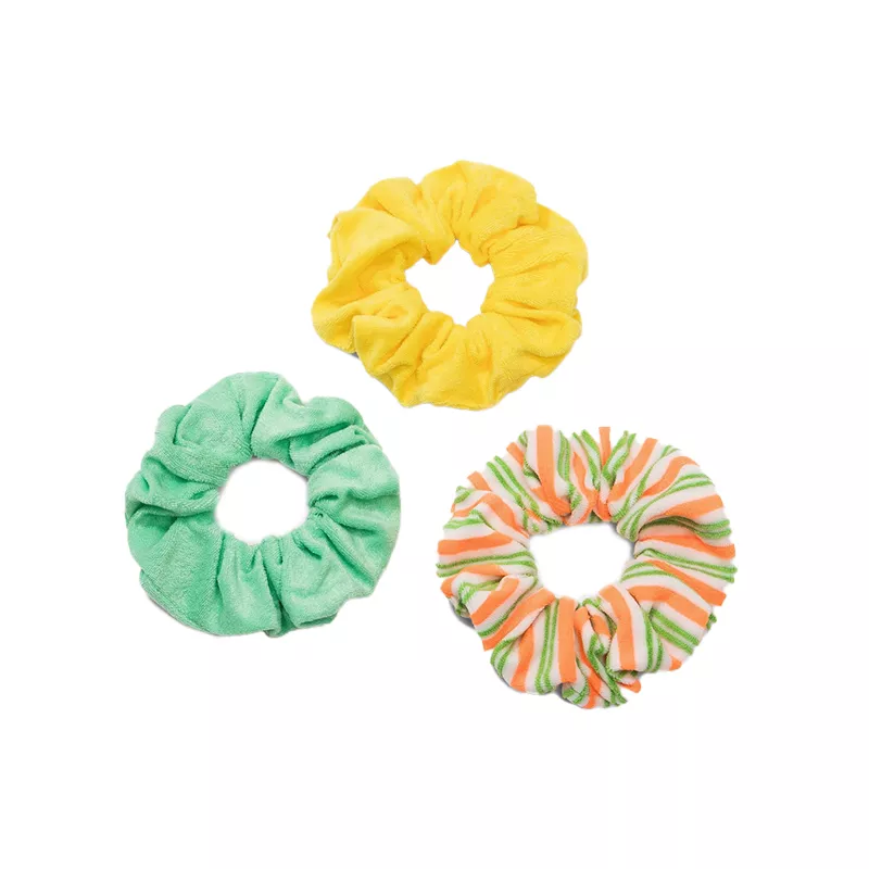 Three terrycloth towel scrunchies in green, yellow, and orange/green stripe