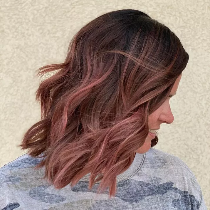 Dusty rose gold balayage ombre curled long bob
