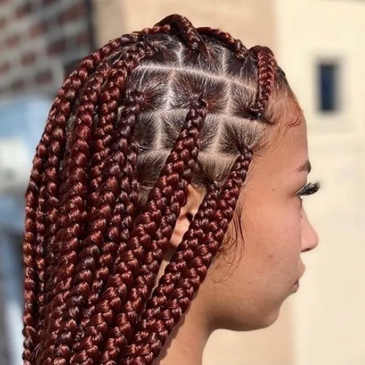 Woman with strawberry brown braided hairstyle
