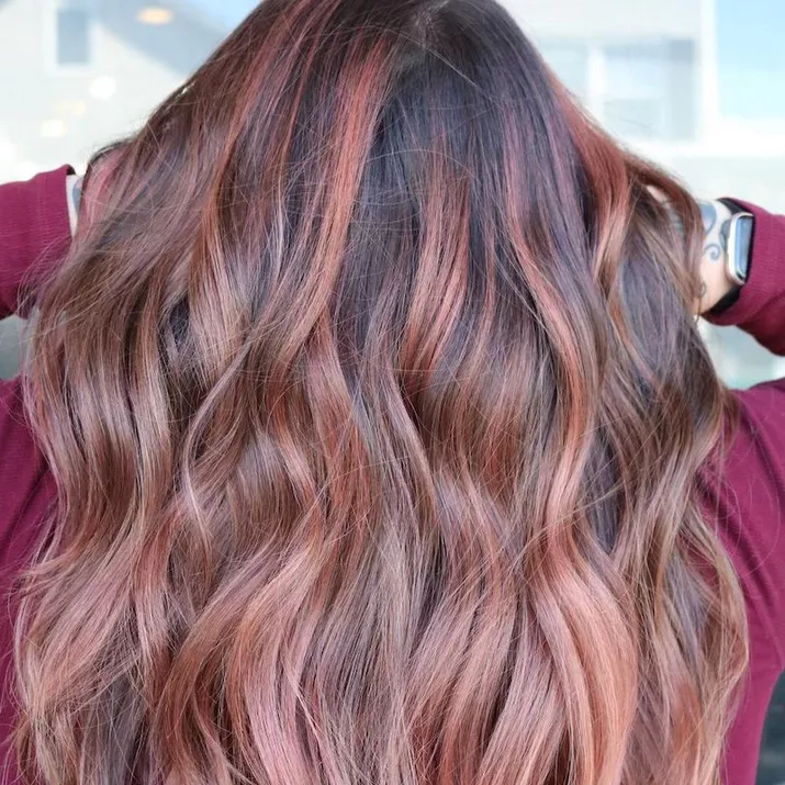 Strawberry brown balayage hair viewed from back
