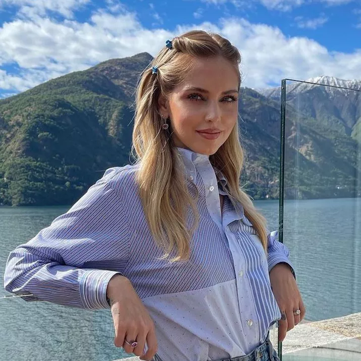 Chiara Ferragni wears half-up hair twisted with blue butterfly clips