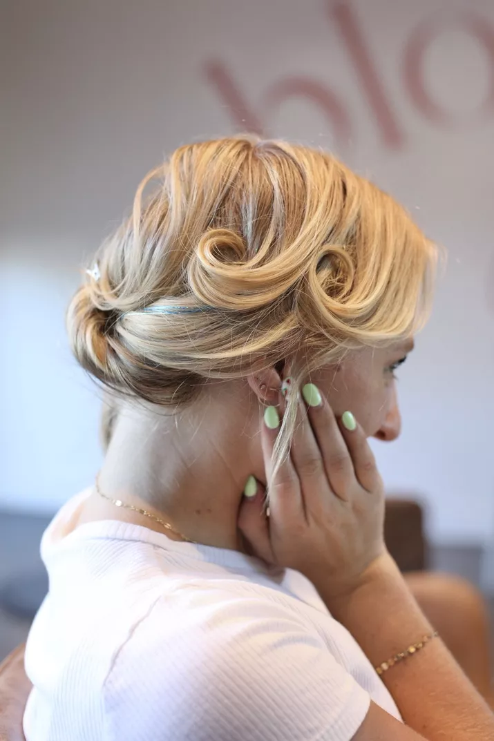 The completed pin curl hairstyle