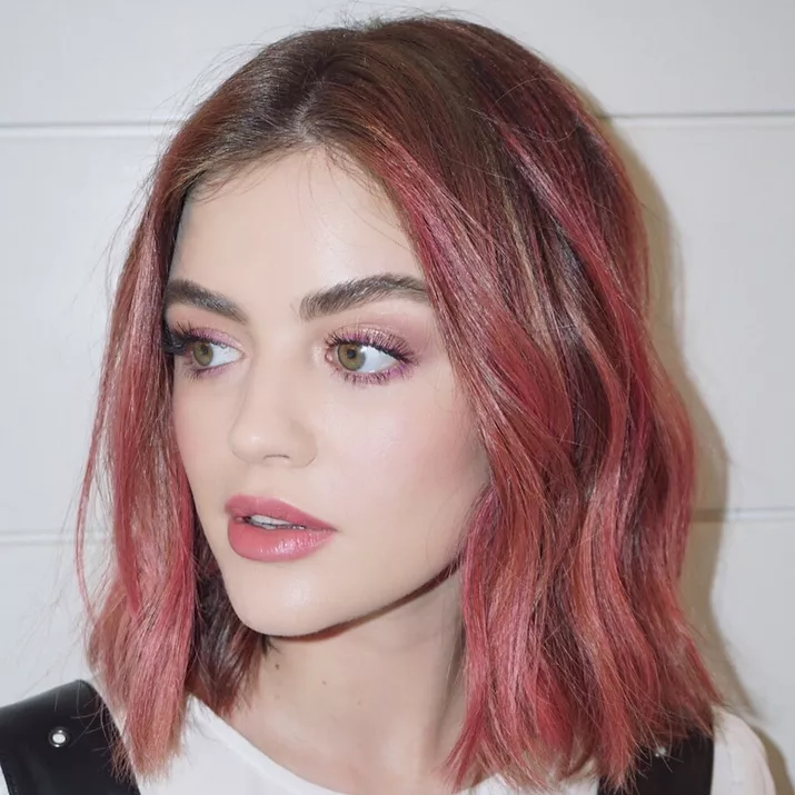 Lucy Hale wears a pink ombre balayage long bob hairstyle