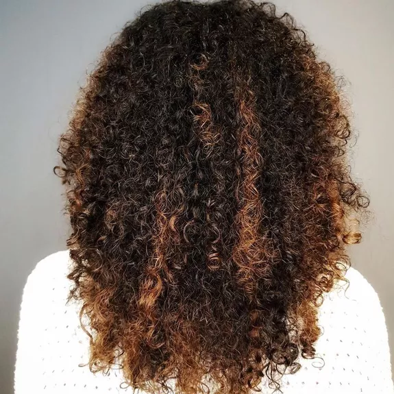 Back of natural curly hairstyle with reverse balayage