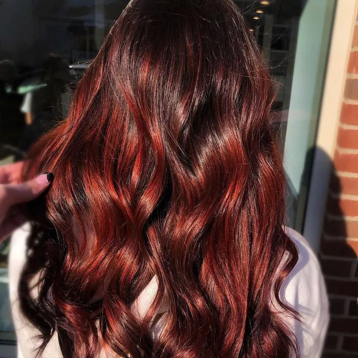 Back of long, dark hair with ruby red-toned highlights