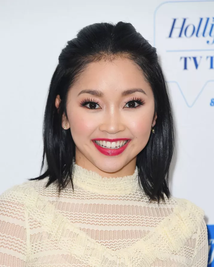 Lana Condor shoulder-length straight hair pulled back on top