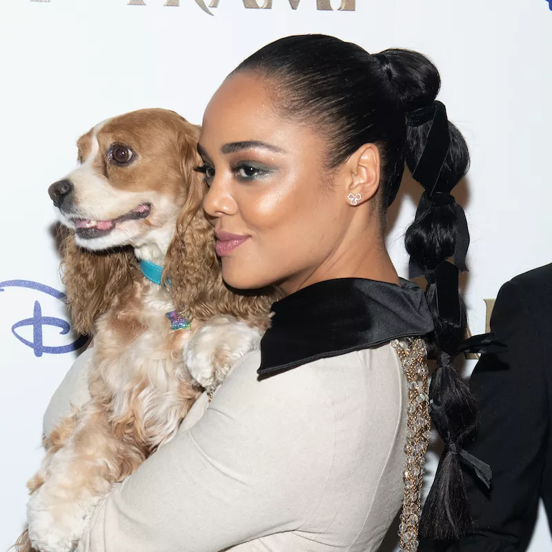 Tessa Thompson wears a bubble ponytail with black bows