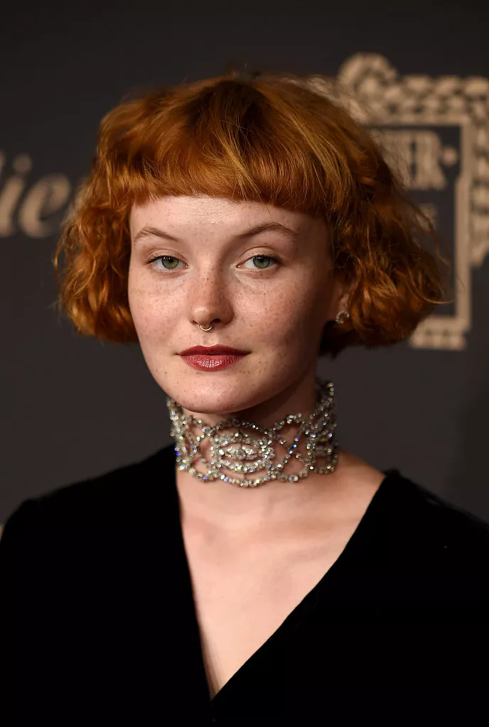 Kacy Hill curly crop with blunt bangs