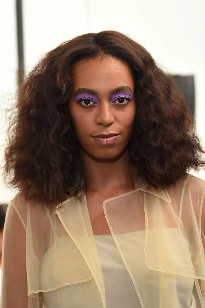 Solange mid-length curly brushed hairstyle with purple eyeshadow