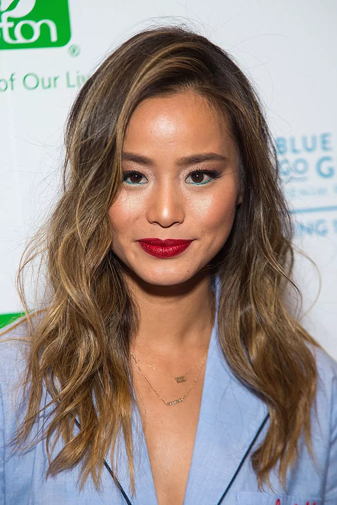 Jamie Chung beach waves with blonde highlights