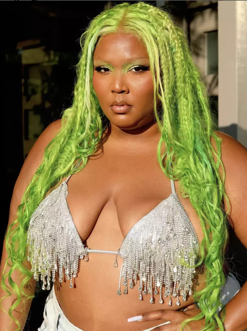 Lizzo with green mixed texture hair