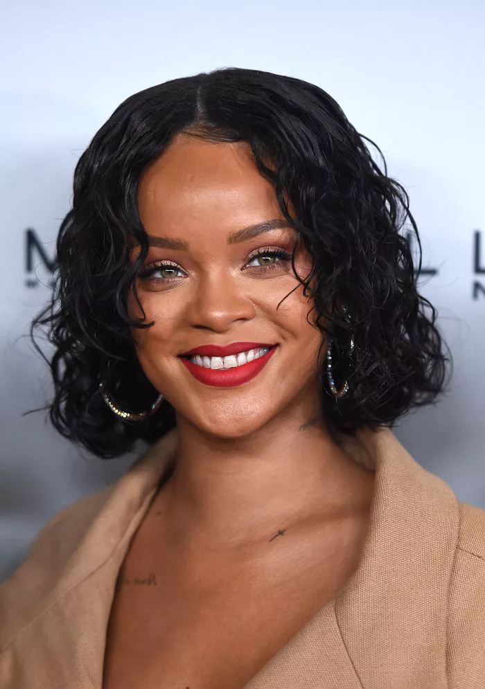 Rihanna chin-length curly bob
