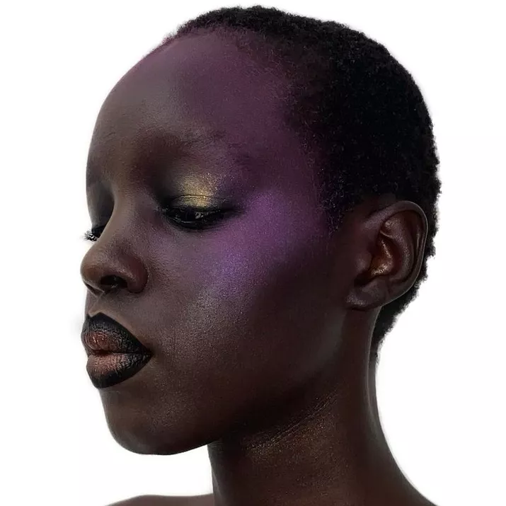 Model with deep violet blush, gold eyeshadow, and dark lipstick