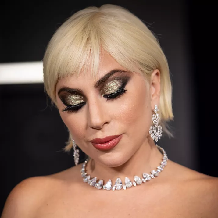 Lady Gaga wears metallic eyeshadow and diamond jewelry