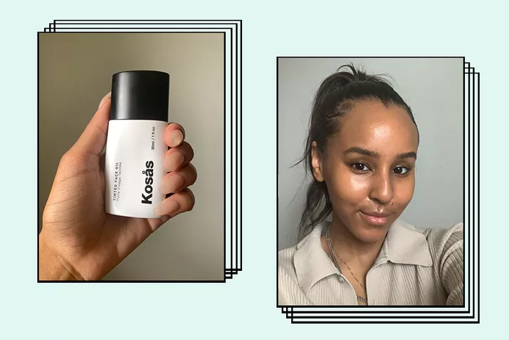 Writer holding and wearing kosas Tinted Face Oil Foundation