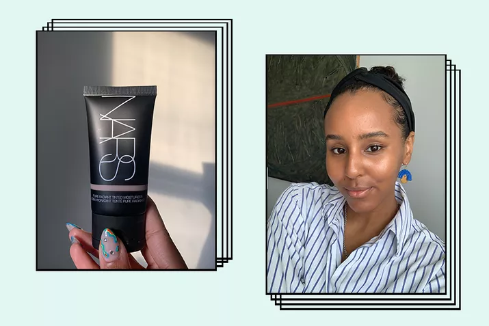 writer holding and wearing nars pure radiant tinted moisturizer