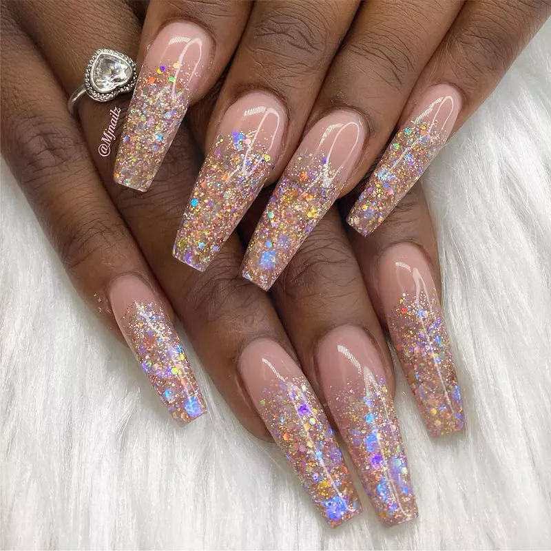 Silver glitter to light nude ombre acrylic manicure