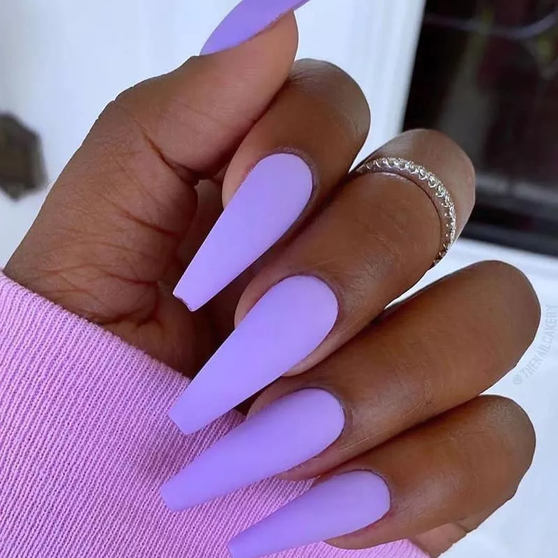 Matte purple dip powder acrylic manicure on long nails