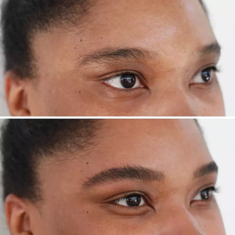 Close-up of eyebrows before and after microfeathering