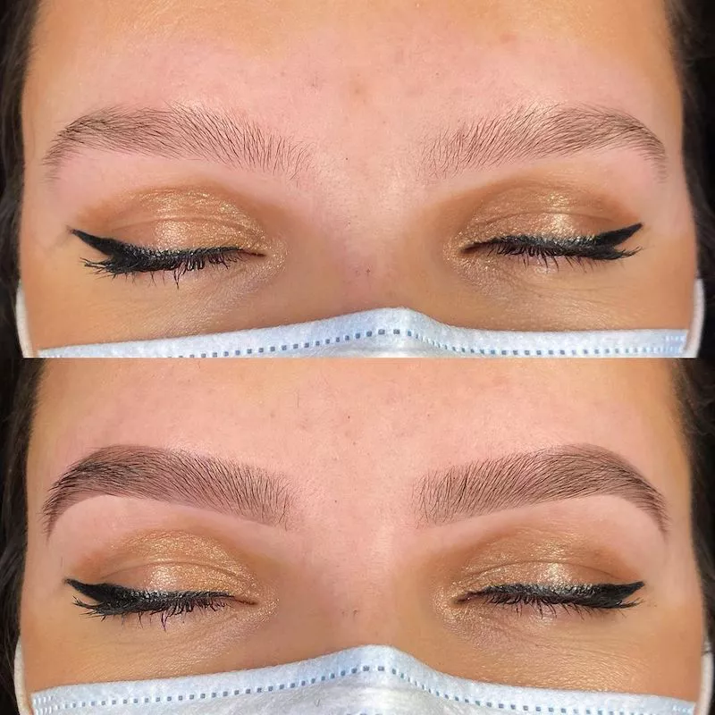 Face with glitter eye makeup and eyebrows before and after brow tinting