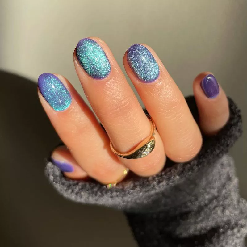 Blue and violet velvet manicure