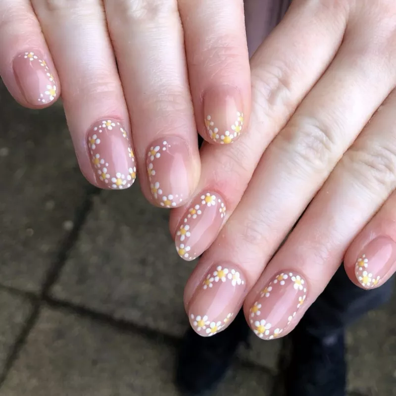 Pinkish-brown nails with daisy design around border