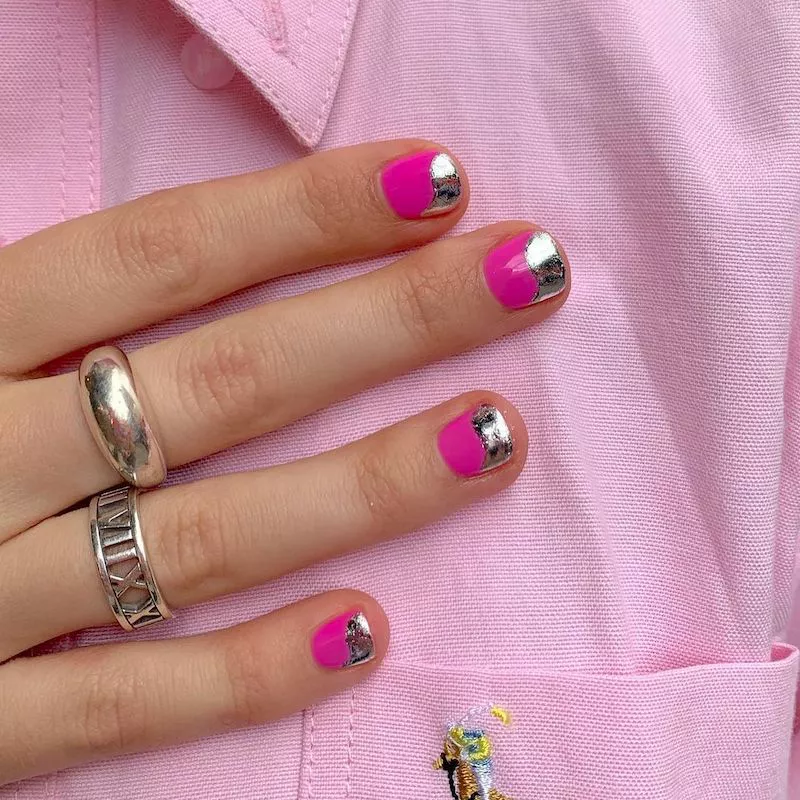Short nails with hot pink and chrome polish