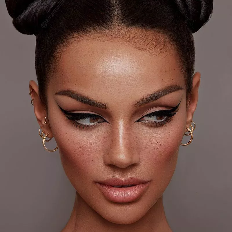 Model wears reverse cat eye makeup with extended winged liner