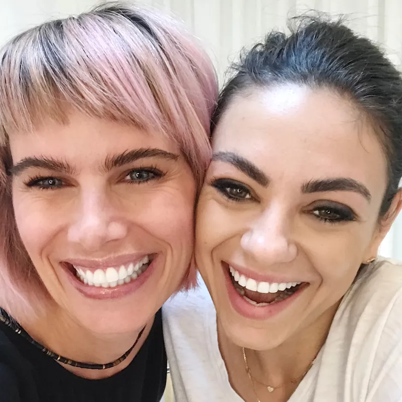 Kristie Streicher takes a selfie with Mila Kunis after microfeathering her brows