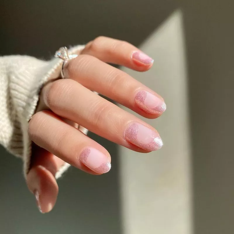 Pale pink negative space velvet nails