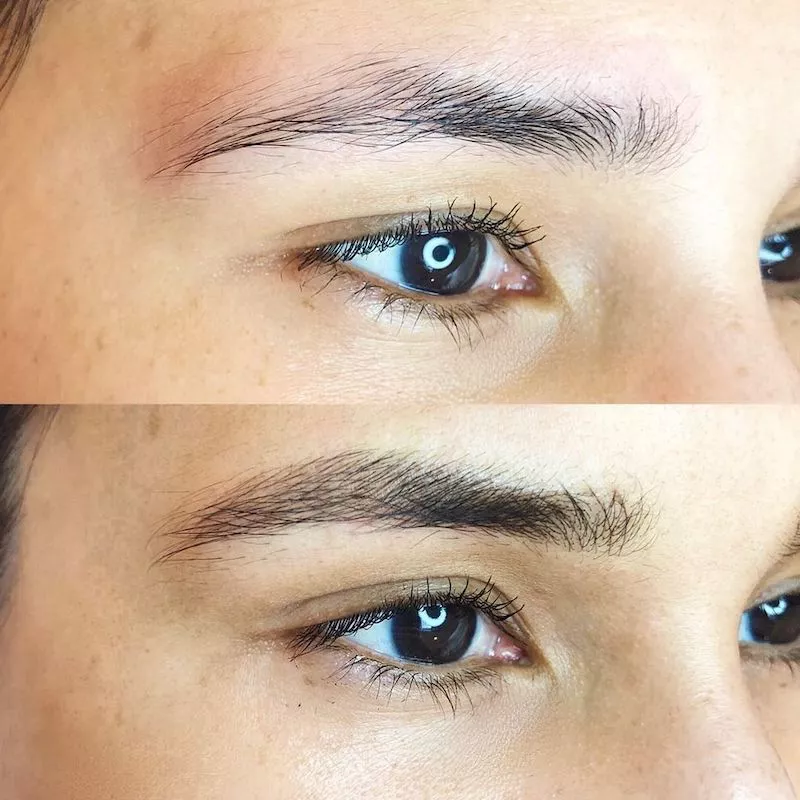 Close-up of eyebrow before and after microfeathering