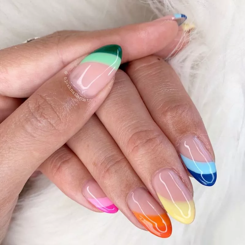Short rainbow striped tip almond nails
