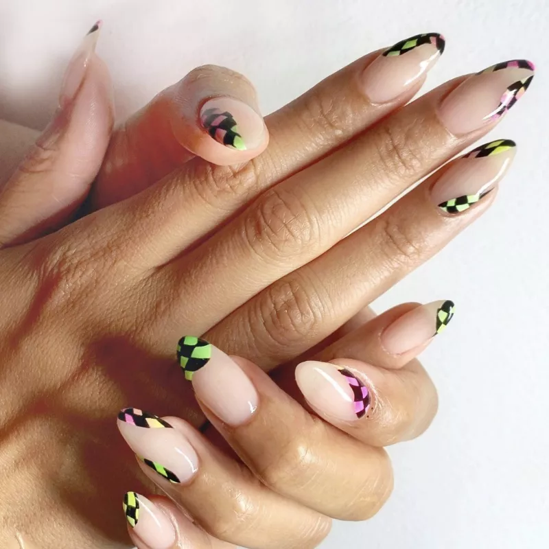 Multicolor checkered nail design