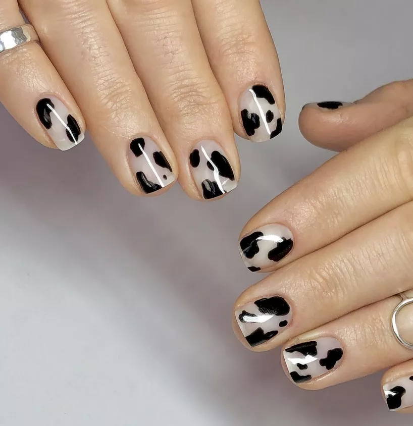 Clear nail design cow print
