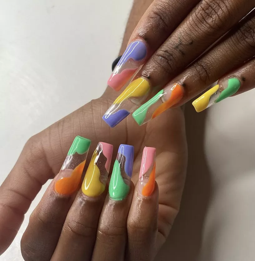 bursts of color clear nail design