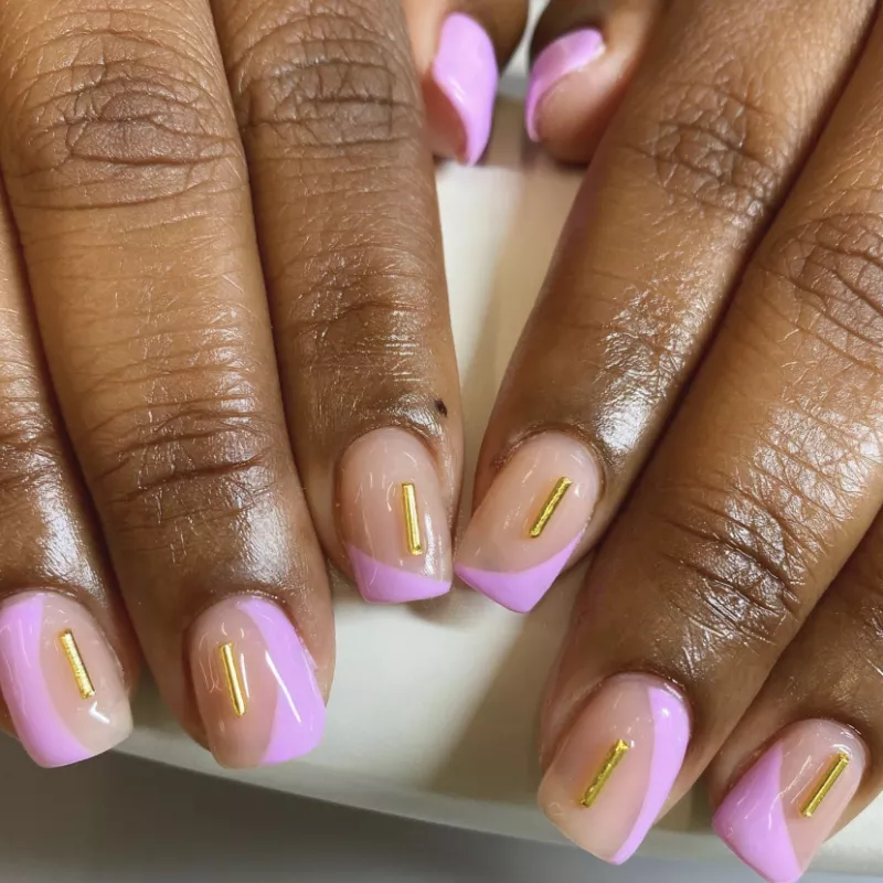 Pastel purple varied French manicure with gold bars