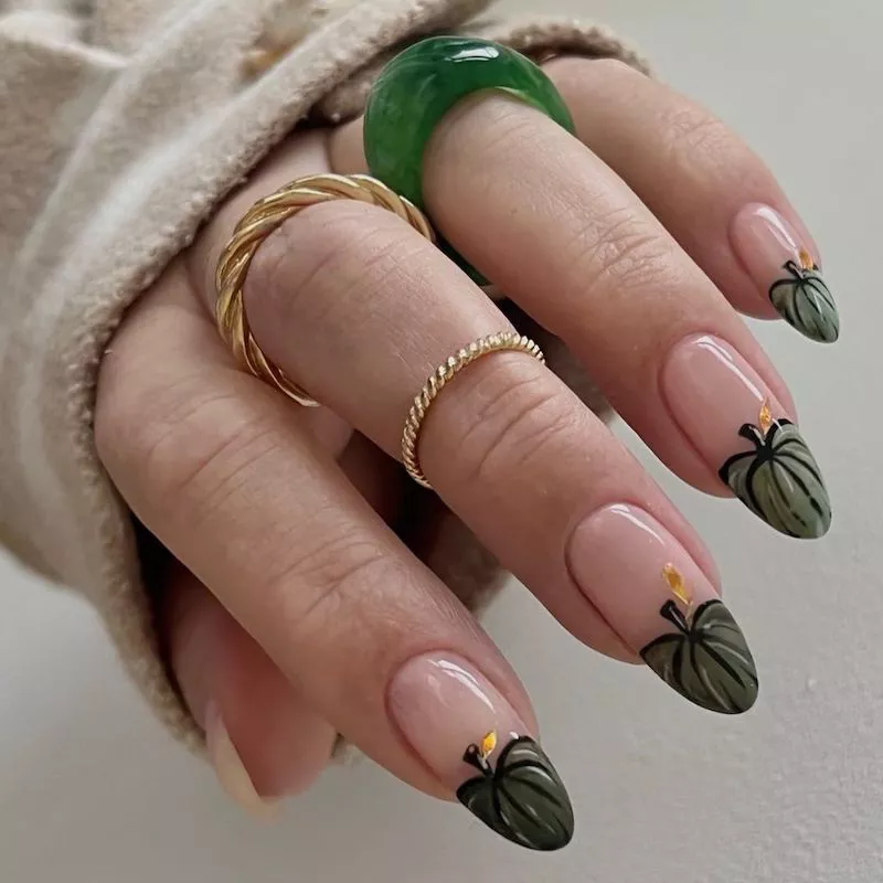 Green pumpkin nail designs with gold stem leaf detail