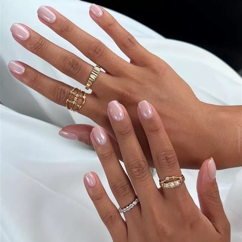 Pale pink iridescent glazed donut manicure