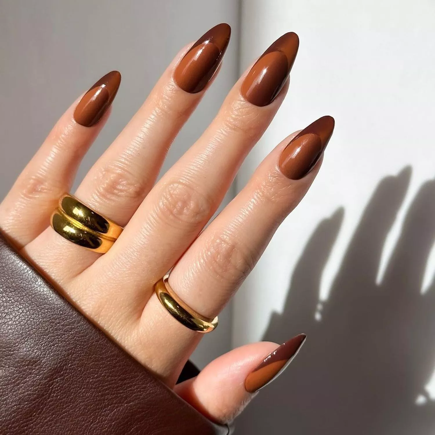 Brown French manicure with glossy base and matte tips