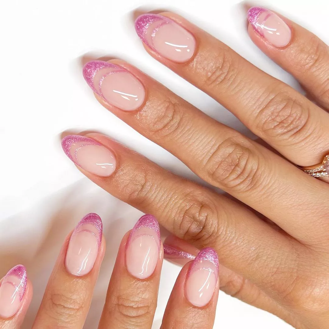Double French manicure with pink glitter tips