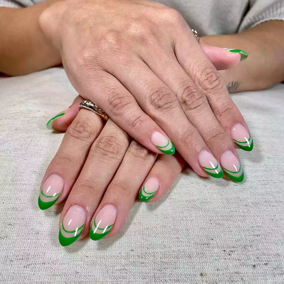 Double French manicure with kelly green tips