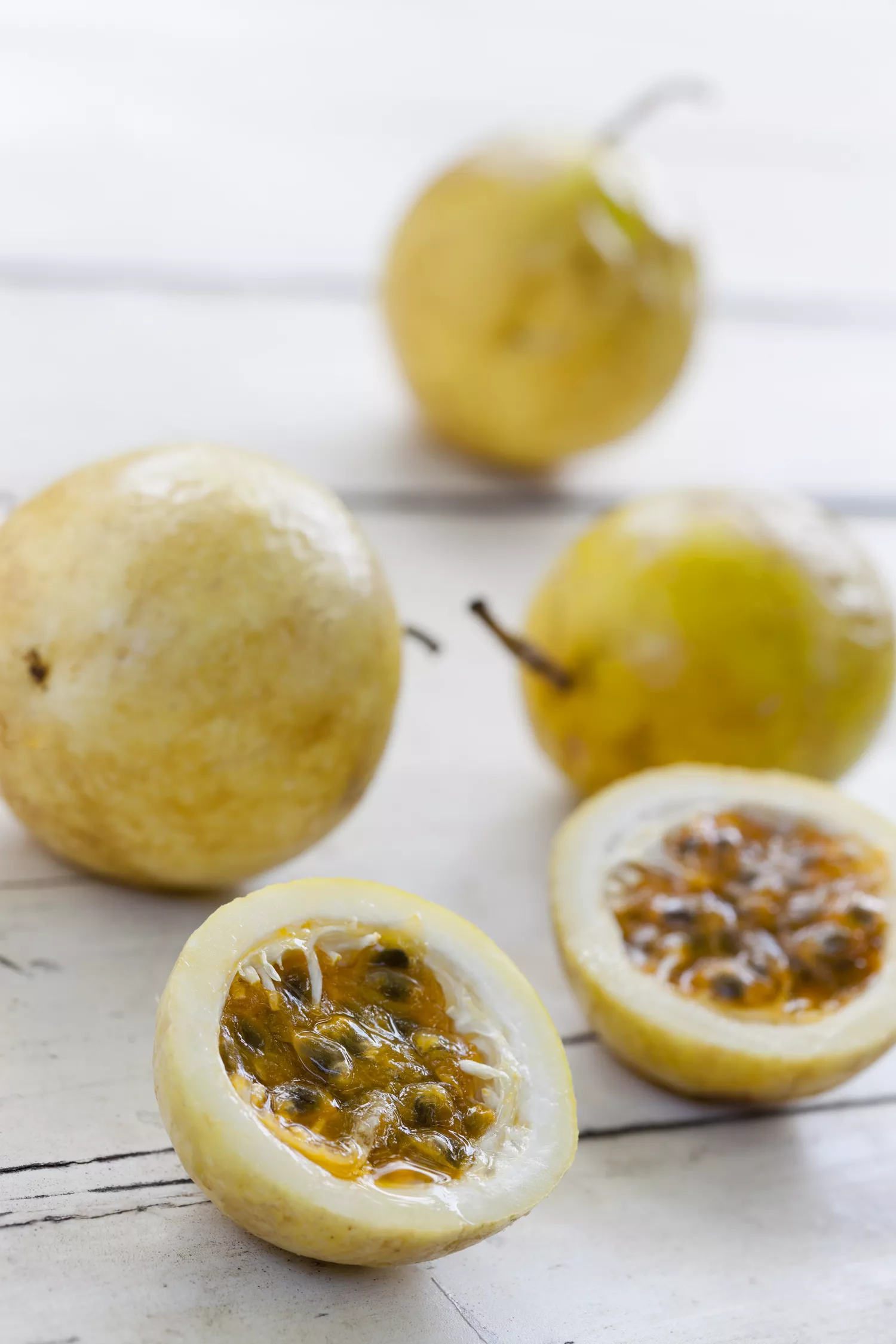 Passion fruit on a table.