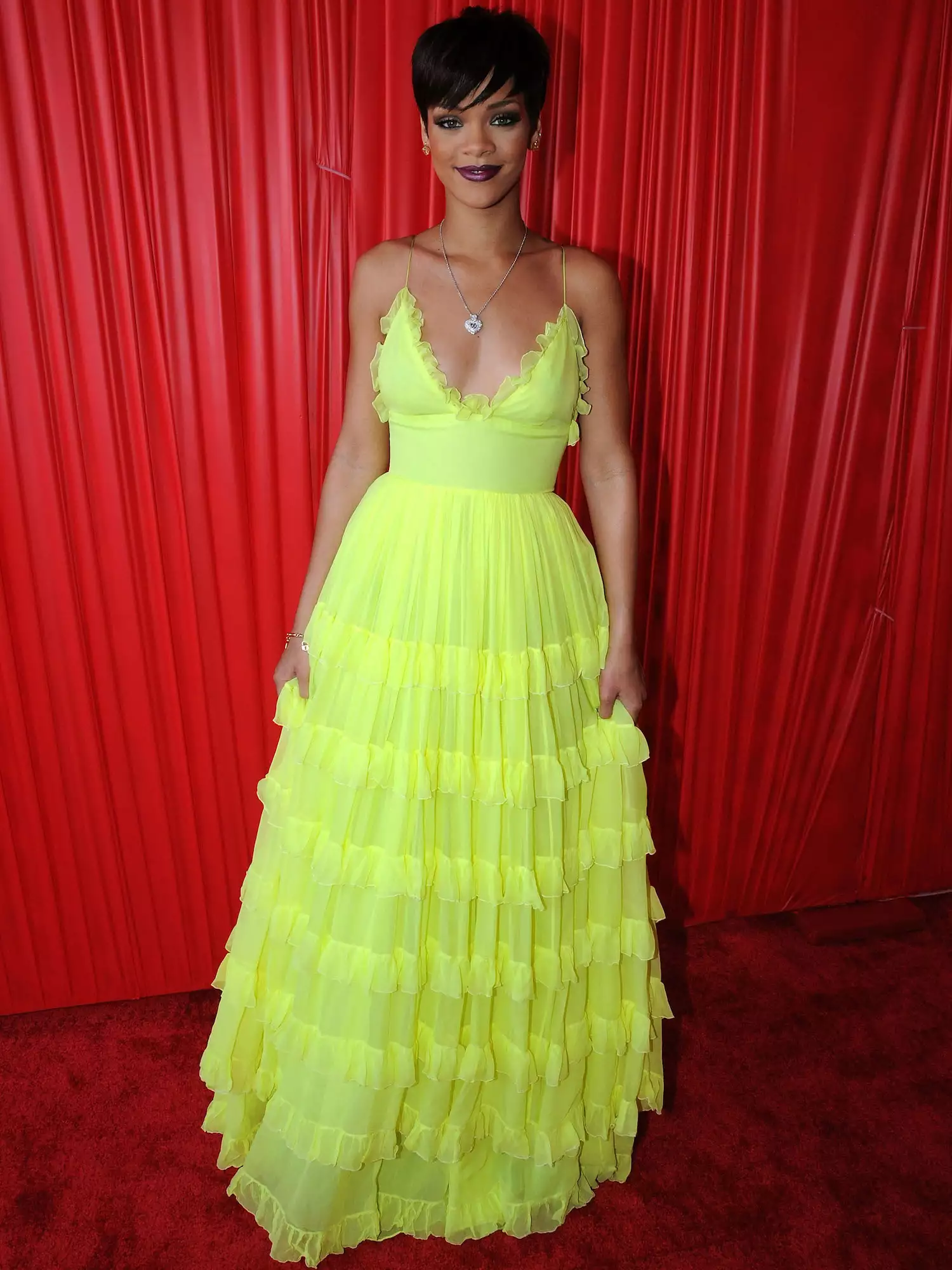 Rihanna wears a neon yellow tulle gown to the 2008 BET Awards