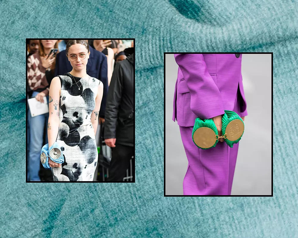 Left: Ella Emhoff wears a black and white dress and a blue Loewe bracelet bag, right: close-up of purple suit and green Loewe bracelet bag