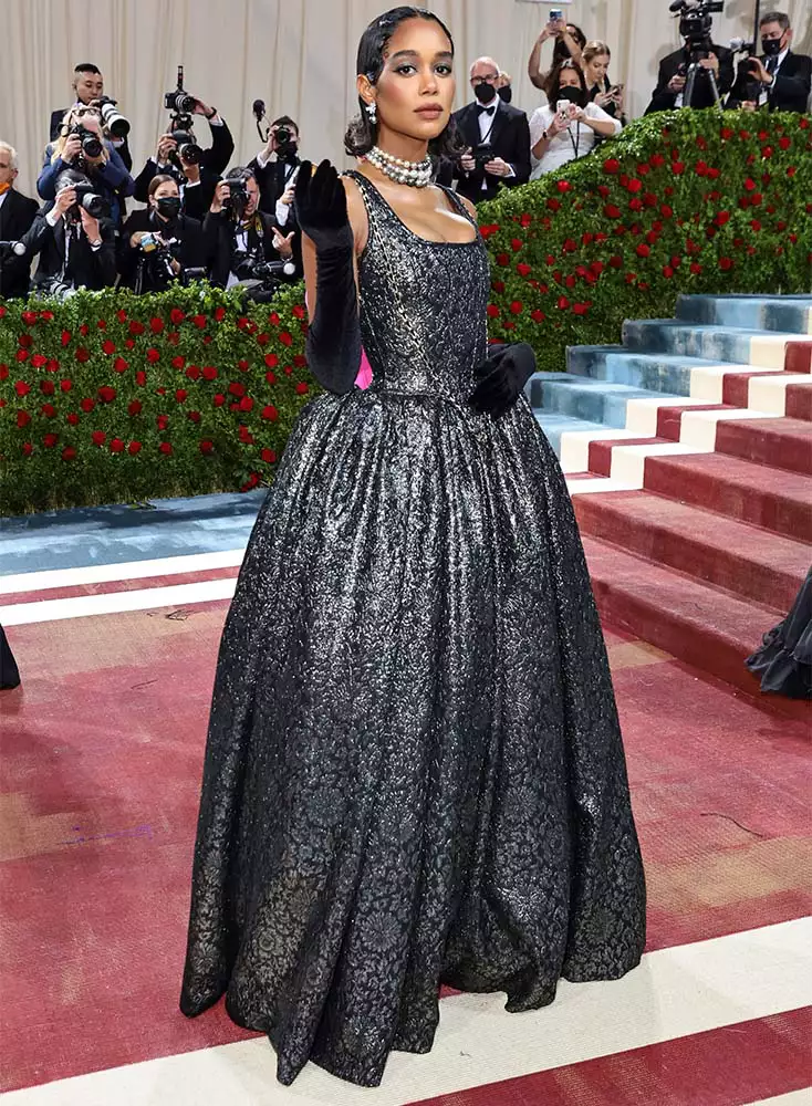 Laura Harrier wearing a sparkling black Glemaud gown at the 2022 Met Gala.