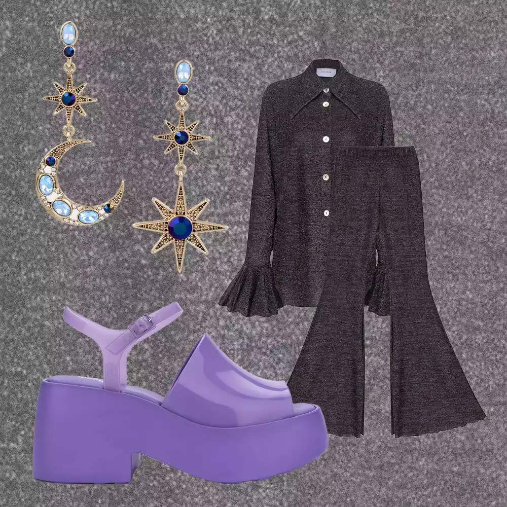 Taylor Swift Eras Tour Midnights Outfit: cosmic lounge suit, lavender platform sandals, and celestial earrings