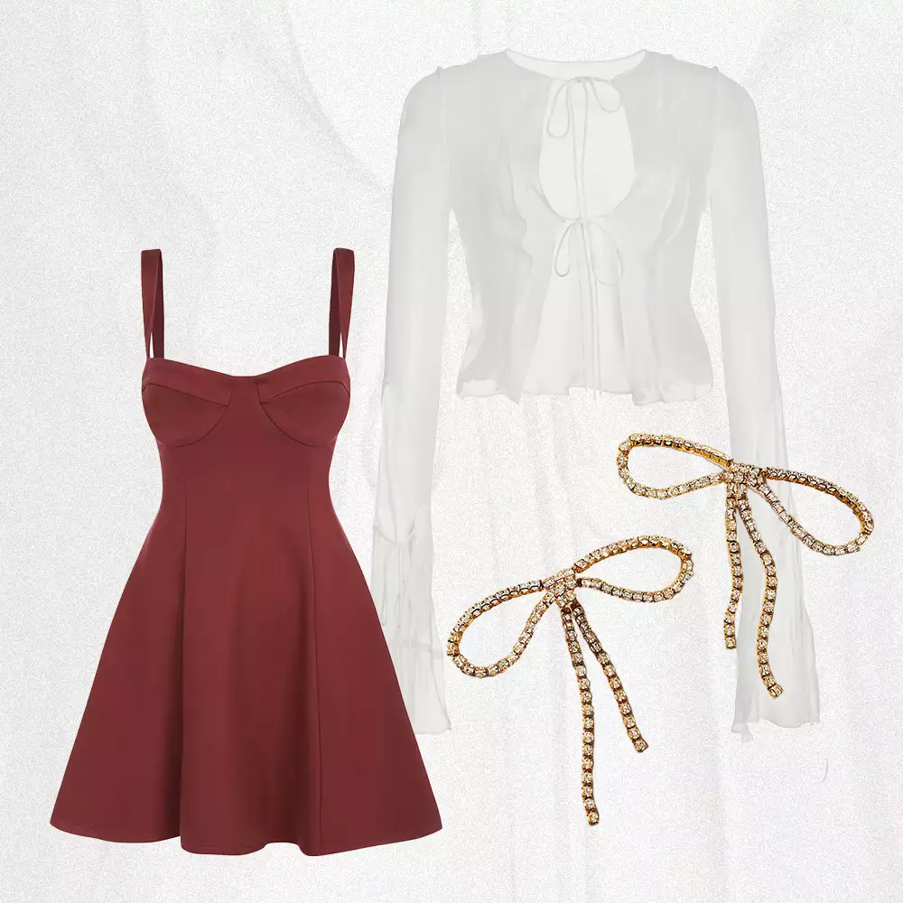 Taylor Swift Eras Tour Speak Now Outfit: wine bustier mini dress, white blouse, and bejeweled bow earrings